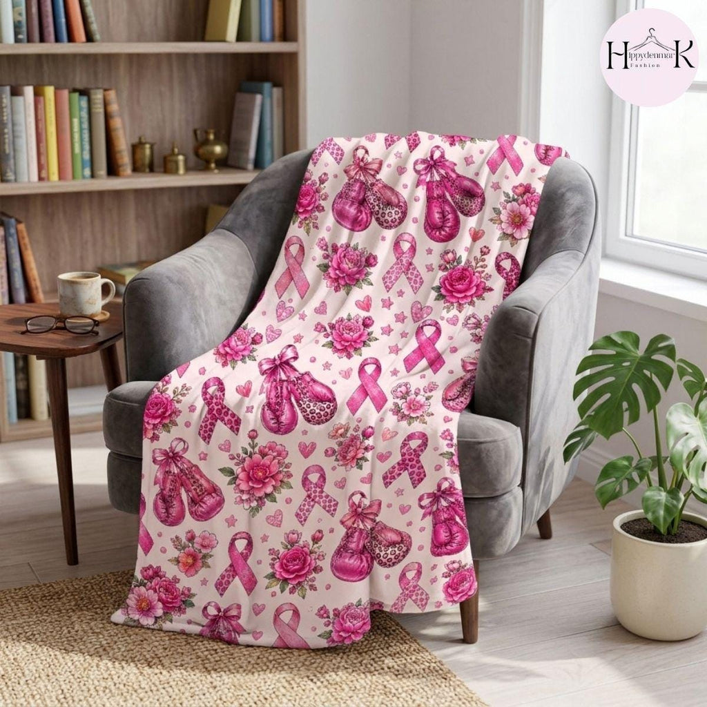 Breast Cancer Awareness Blanket, Pink Ribbon Boxing Gloves Throw Blanket, Cancer Fighter Gift
