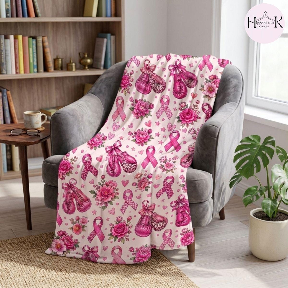 Breast Cancer Awareness Blanket, Pink Ribbon Boxing Gloves Throw Blanket, Cancer Fighter Gift