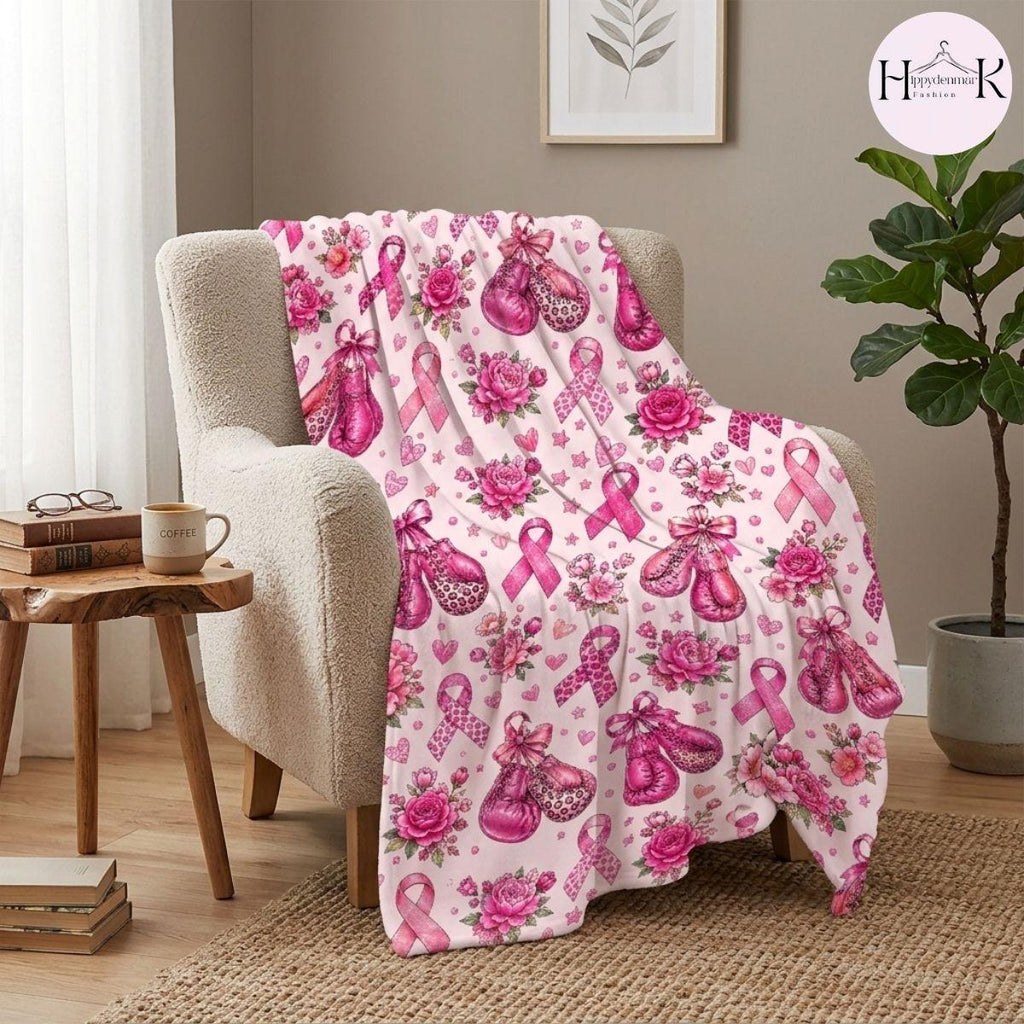 Breast Cancer Awareness Blanket, Pink Ribbon Boxing Gloves Throw Blanket, Cancer Fighter Gift