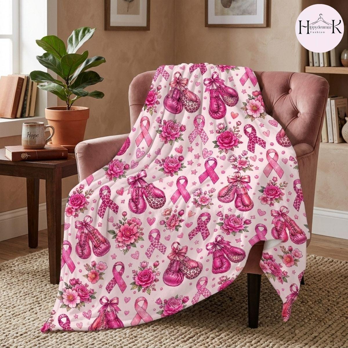 Breast Cancer Awareness Blanket, Pink Ribbon Boxing Gloves Throw Blanket, Cancer Fighter Gift