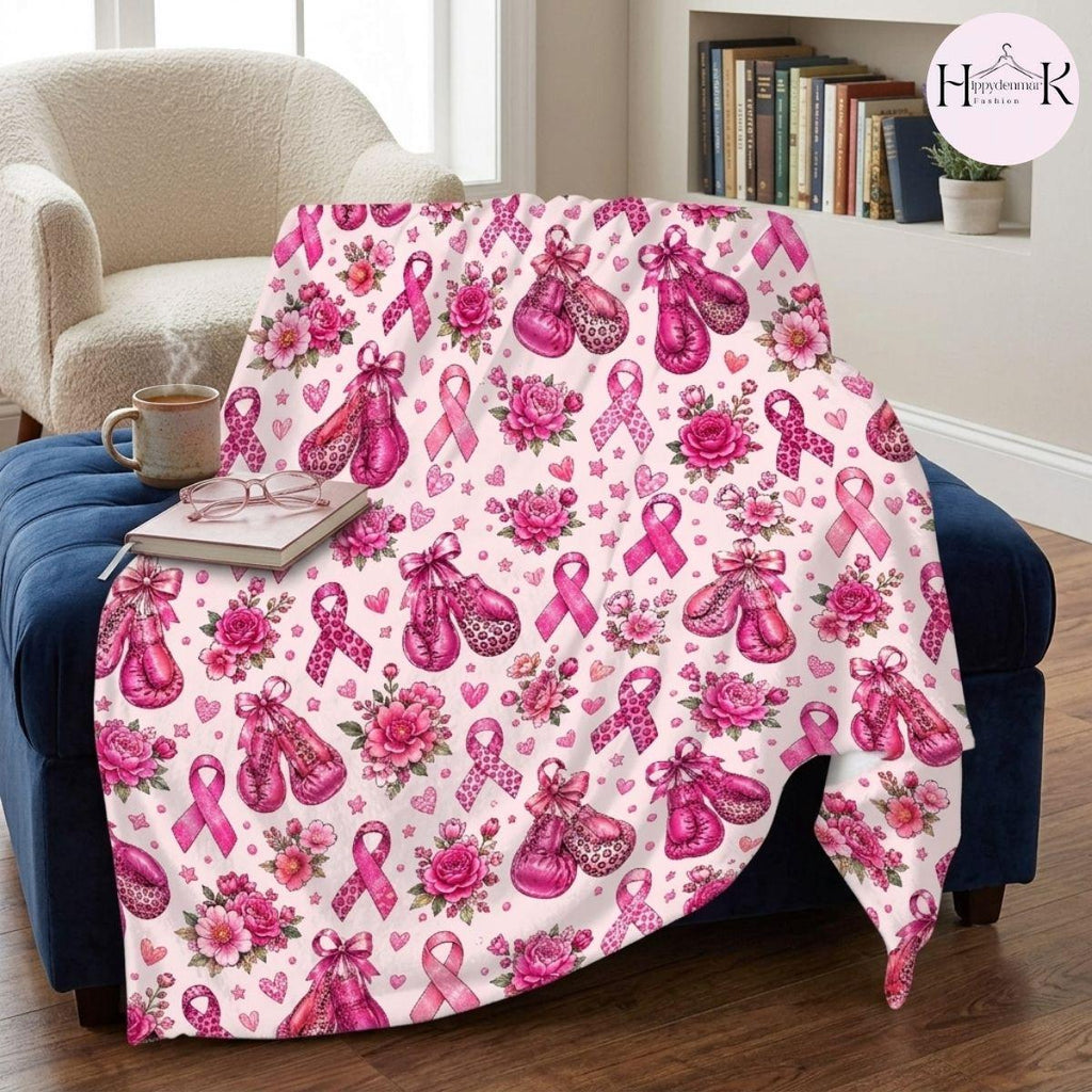 Breast Cancer Awareness Blanket, Pink Ribbon Boxing Gloves Throw Blanket, Cancer Fighter Gift