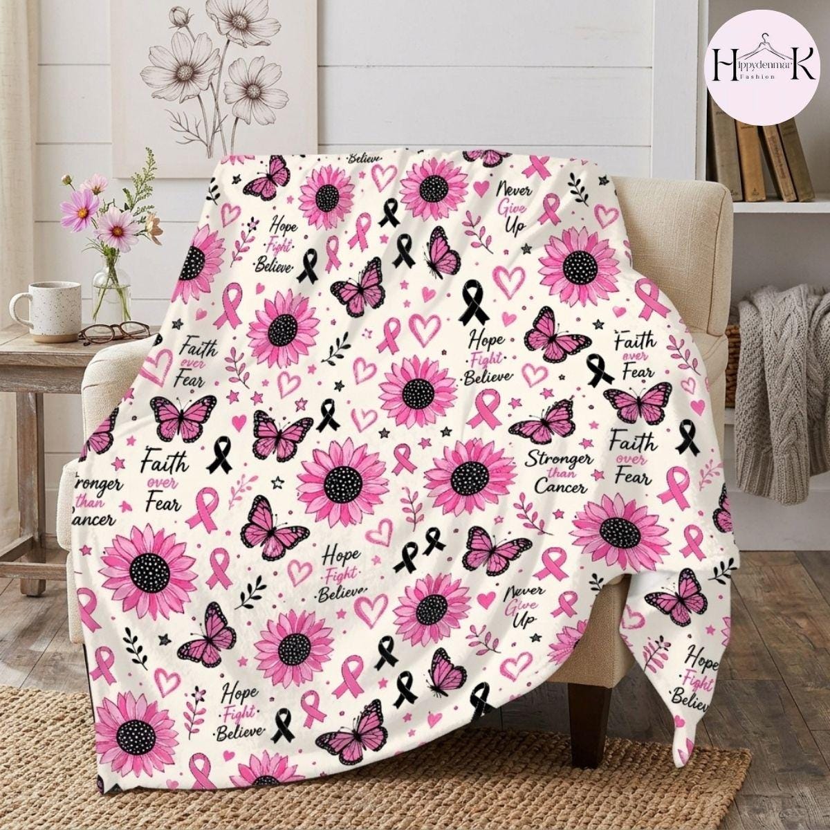 Breast Cancer Awareness Blanket, Pink Ribbon Sunflower Throw Blanket, Faith Over Fear Fleece Blanket