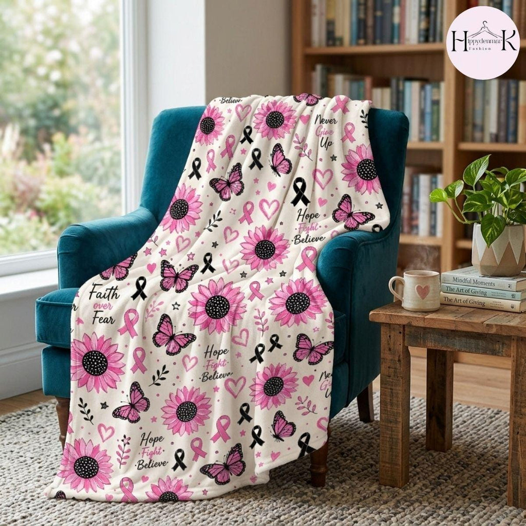 Breast Cancer Awareness Blanket, Pink Ribbon Sunflower Throw Blanket, Faith Over Fear Fleece Blanket