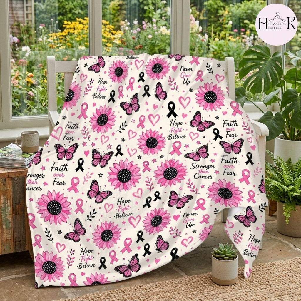 Breast Cancer Awareness Blanket, Pink Ribbon Sunflower Throw Blanket, Faith Over Fear Fleece Blanket