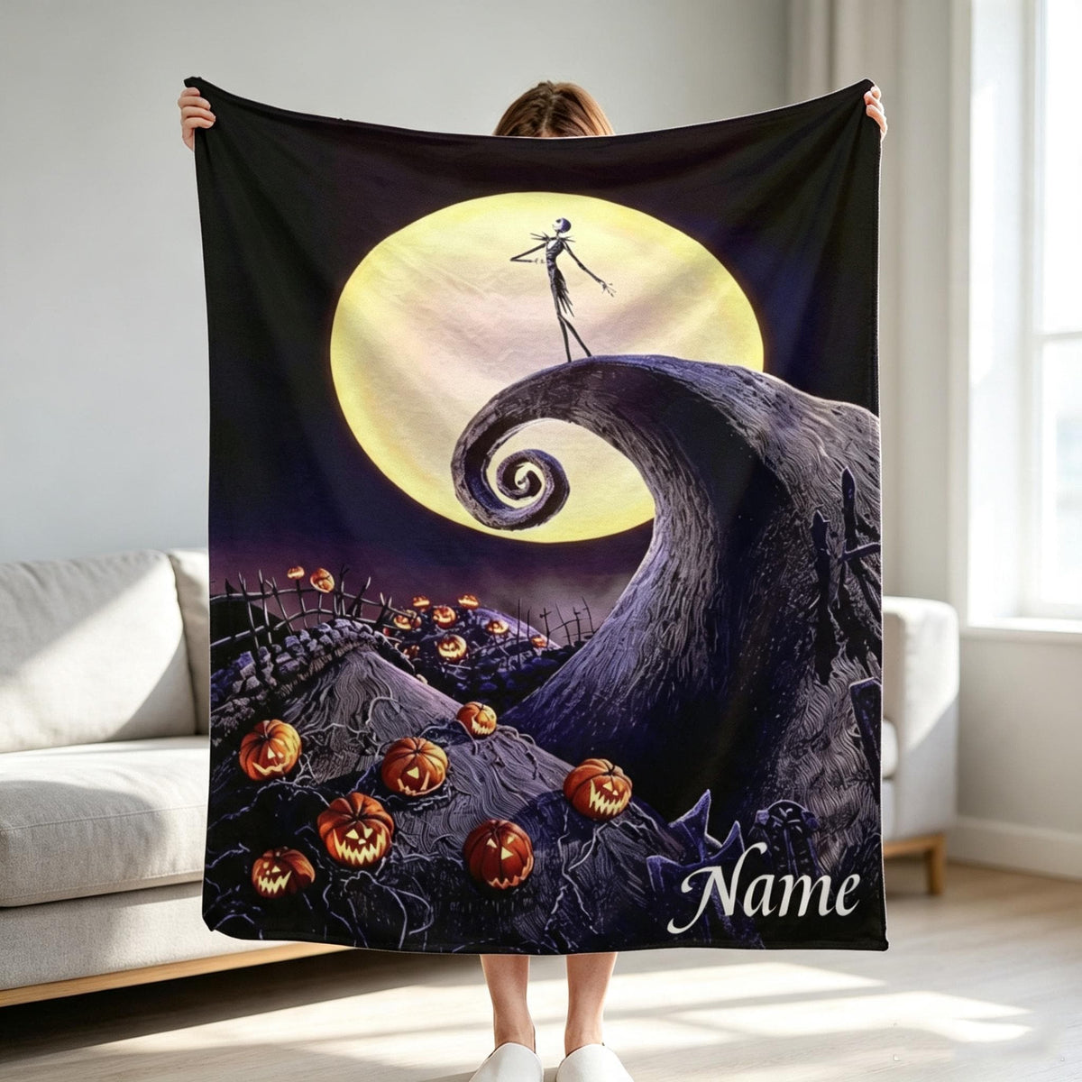 Personalized Pumpkin King Blanket, Custom Name Gothic Moon Throw, Spooky Halloween Gift