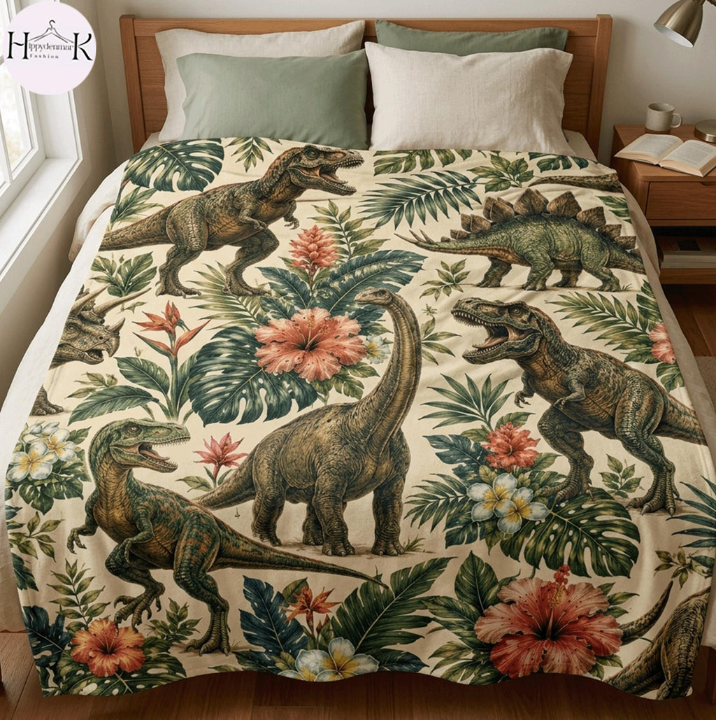 Tropical Dinosaur Blanket, Jurassic Dino Throw Blanket, T-Rex & Stegosaurus Fleece Blanket, Botanical Cozy Home Decor, Dinosaur Lover Gift