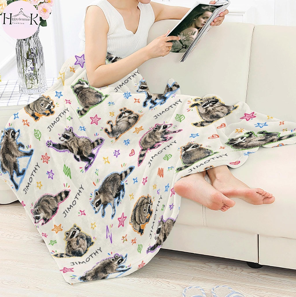 Jimothy Raccoon Blanket, Funny Raccoon Throw Blanket, Preppy Animal Fleece Blanket, Cute Crayon Meme Gift, Cozy Woodland Decor