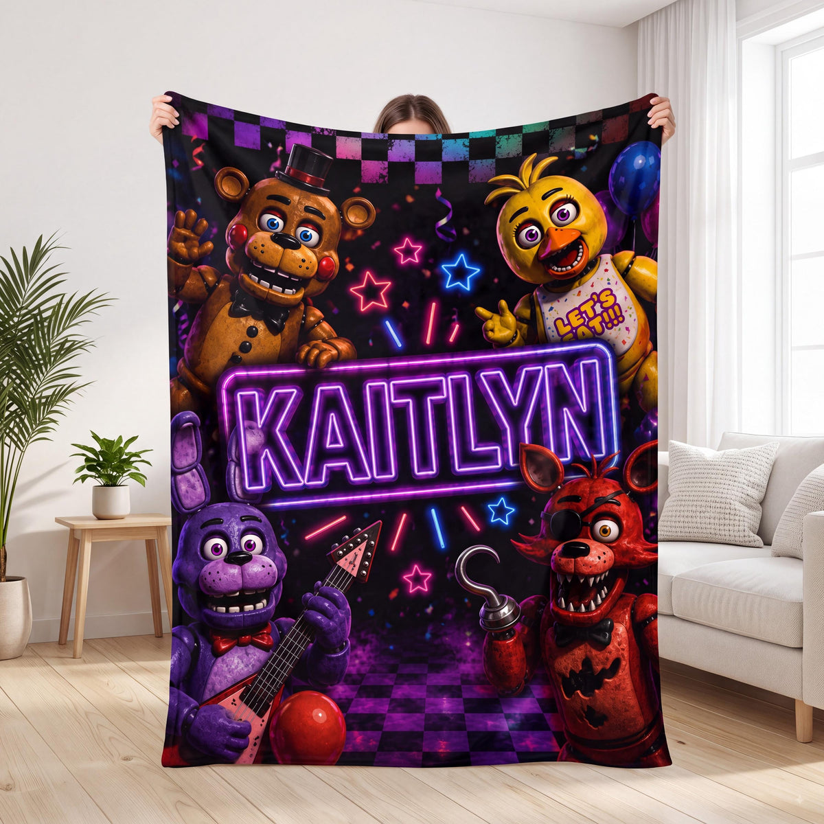 Personalized FNAF Blanket Custom Name Flannel Throw Gamer Gift for Kids Teens Five Nights Room Decor Cozy Birthday Present Boys Bedding