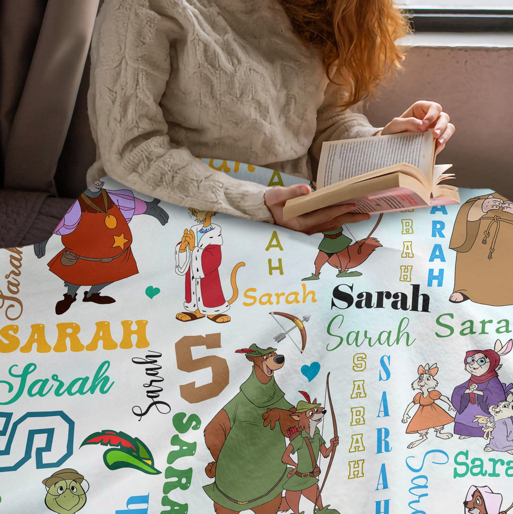 Custom Robin Hood Blanket,Personalized Name Disney Movie Throw Blanket,Soft Fleece Bedding,Classic Cartoon Nursery Decor,Gift for Kids Adult