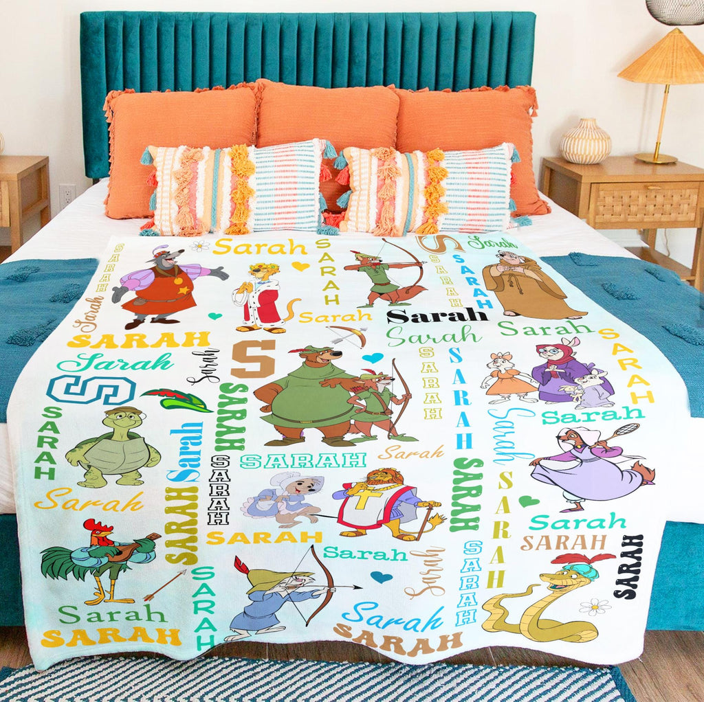 Custom Robin Hood Blanket,Personalized Name Disney Movie Throw Blanket,Soft Fleece Bedding,Classic Cartoon Nursery Decor,Gift for Kids Adult