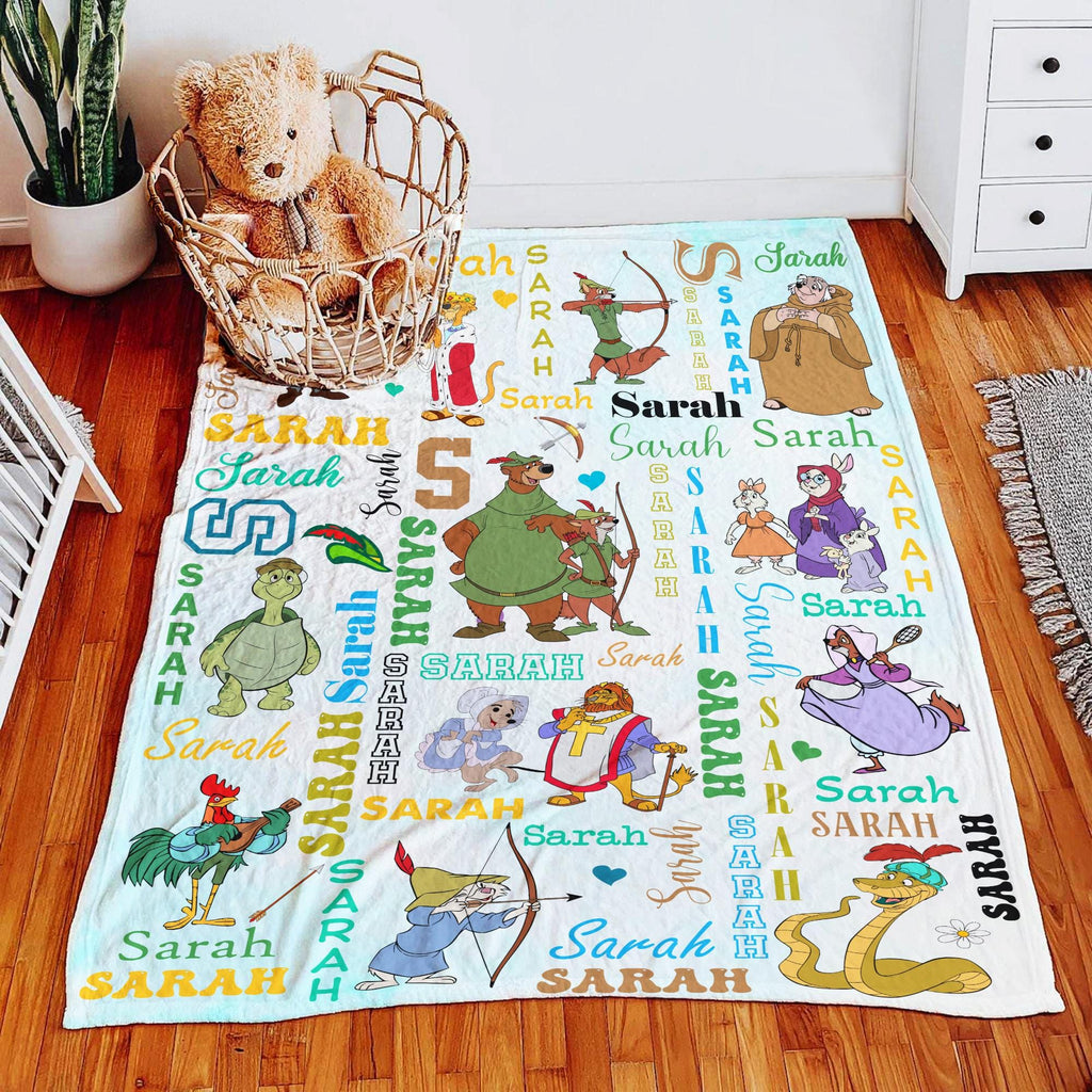 Custom Robin Hood Blanket,Personalized Name Disney Movie Throw Blanket,Soft Fleece Bedding,Classic Cartoon Nursery Decor,Gift for Kids Adult