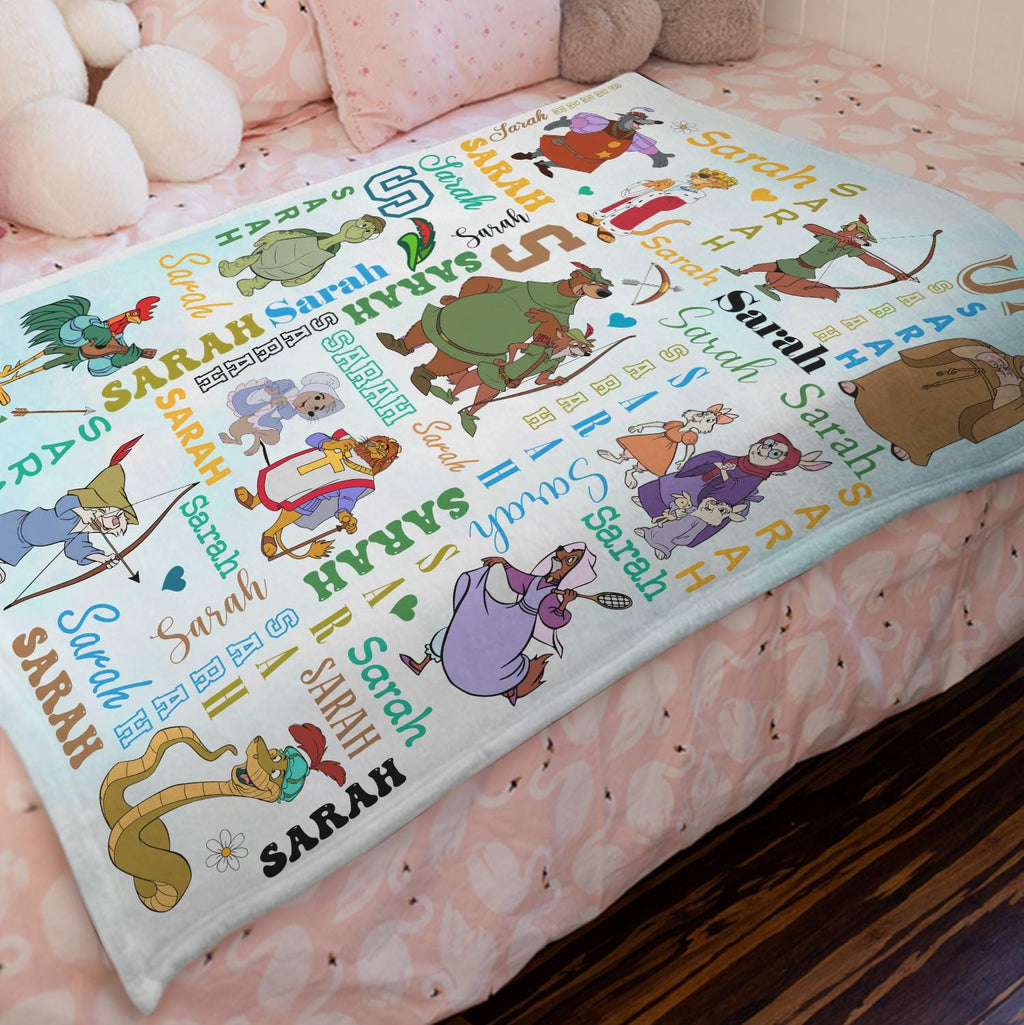 Custom Robin Hood Blanket,Personalized Name Disney Movie Throw Blanket,Soft Fleece Bedding,Classic Cartoon Nursery Decor,Gift for Kids Adult