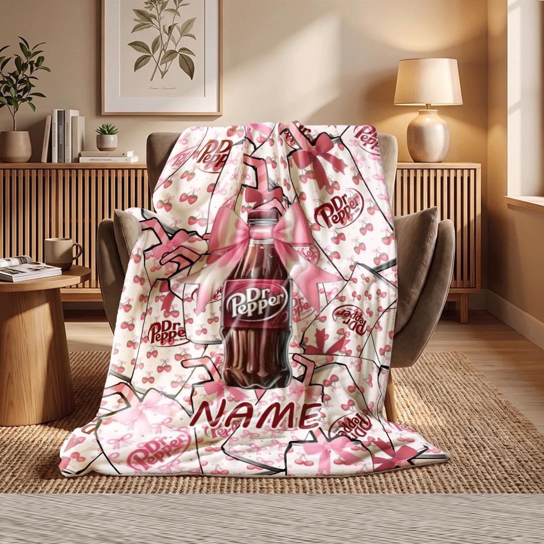 Aesthetic Pink Lace Dr Pepper Custom Blanket Cherries And Shell Throw Soft Coquette Room Bedding Personalized Girly Soda Fan Gift