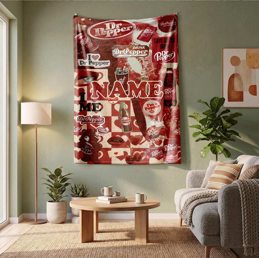 Romantic Red Bow Dr Pepper Blanket Personalized Name Floating Soda Can Throw Valentine Theme Bedding Cute Drink Lover Decor Gift