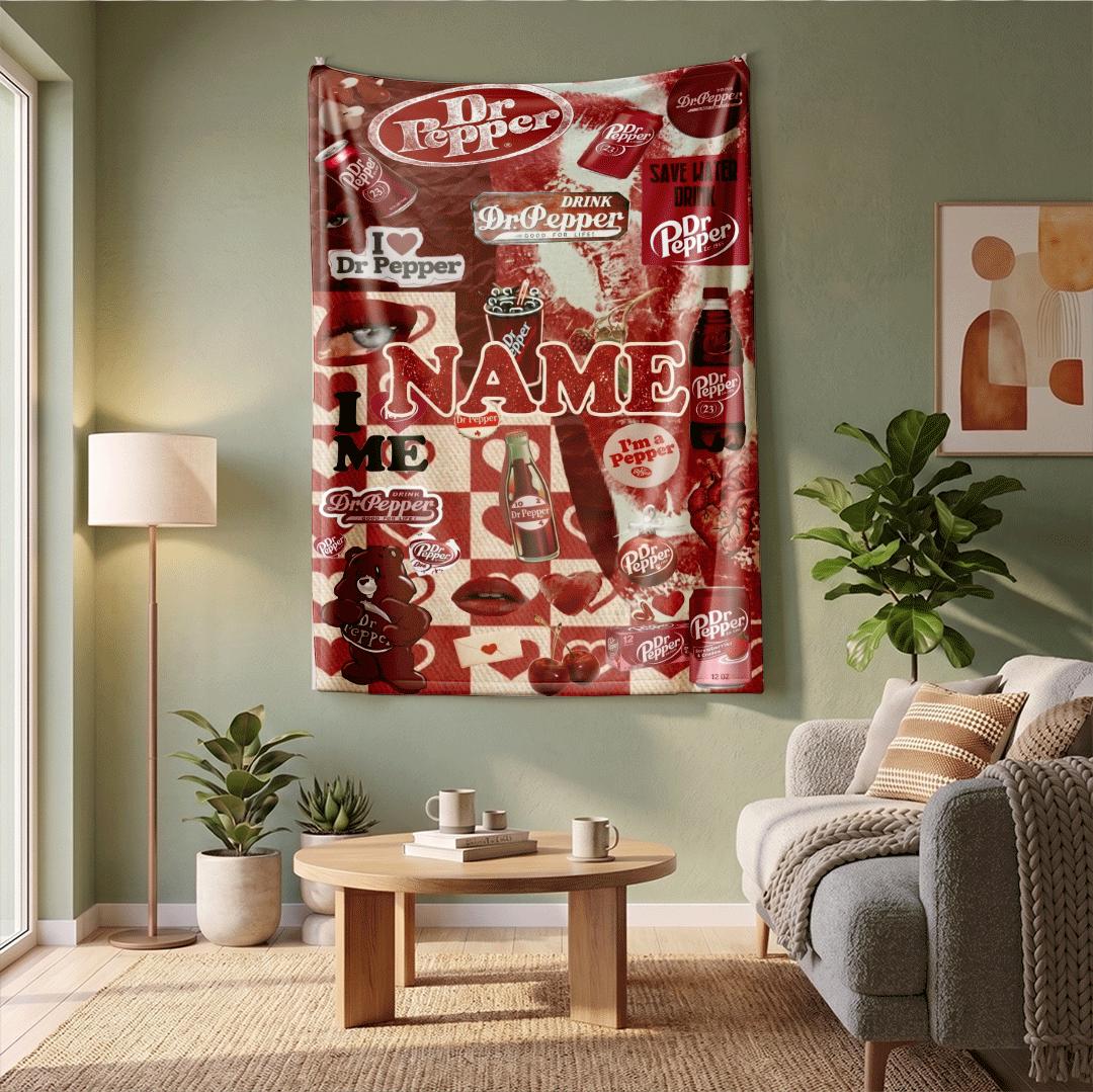 Romantic Red Bow Dr Pepper Blanket Personalized Name Floating Soda Can Throw Valentine Theme Bedding Cute Drink Lover Decor Gift