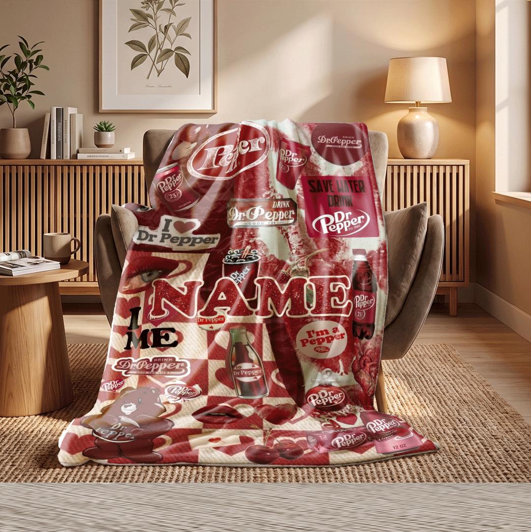 Romantic Red Bow Dr Pepper Blanket Personalized Name Floating Soda Can Throw Valentine Theme Bedding Cute Drink Lover Decor Gift