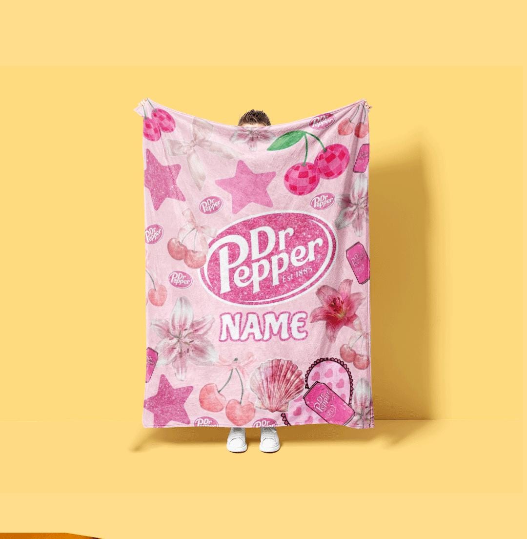 Cute Cherry Ribbon Dr Pepper Blanket Custom Name Pink Coquette Aesthetic Throw Personalized Soda Lover Bedding Y2k Room Decor