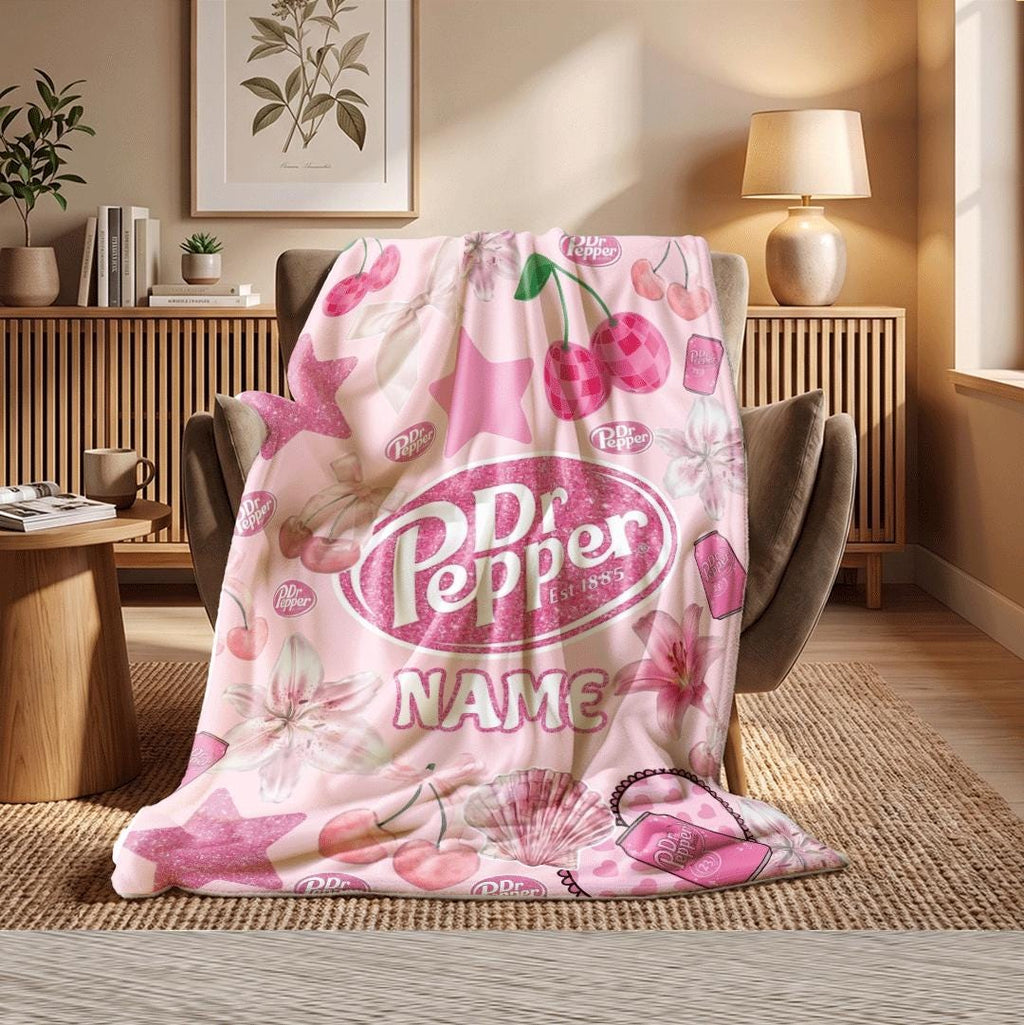Cute Cherry Ribbon Dr Pepper Blanket Custom Name Pink Coquette Aesthetic Throw Personalized Soda Lover Bedding Y2k Room Decor