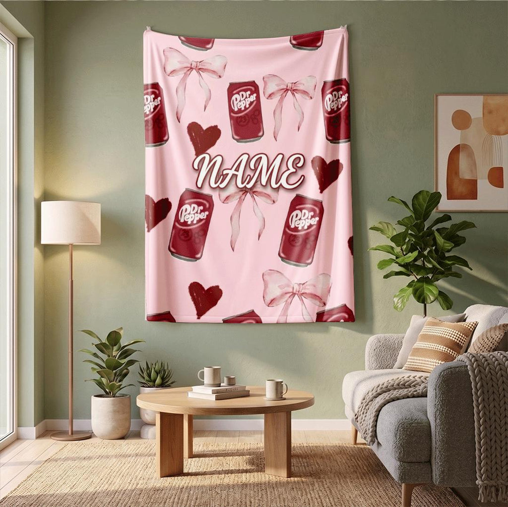 Cute Pink Bow Dr Pepper Custom Name Blanket Floating Soda Can Throw Coquette Aesthetic Bedding Girly Drink Fan Room Decor