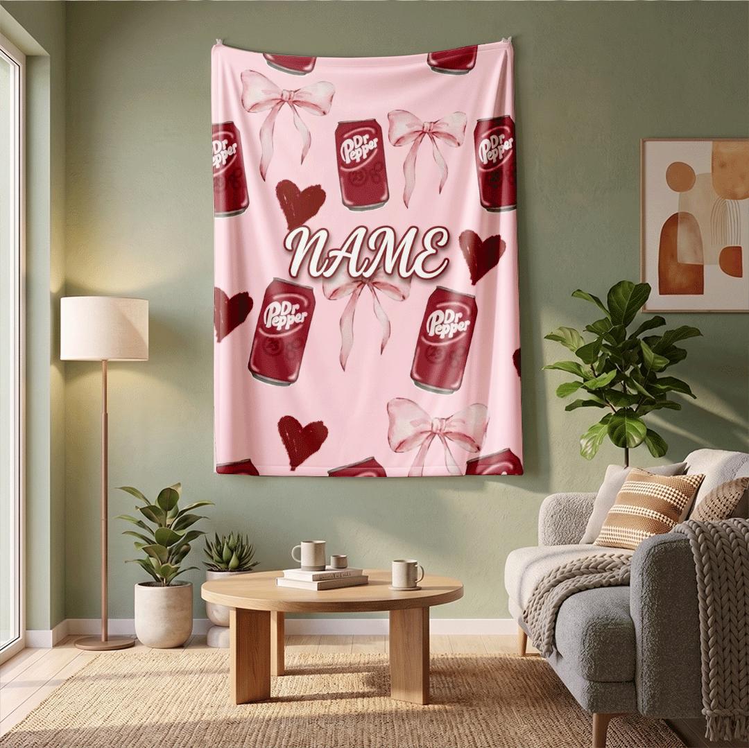 Cute Pink Bow Dr Pepper Custom Name Blanket Floating Soda Can Throw Coquette Aesthetic Bedding Girly Drink Fan Room Decor
