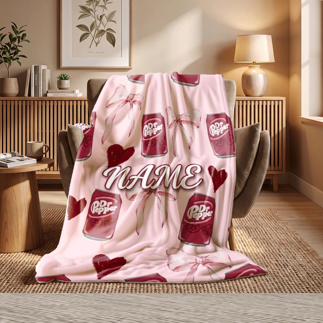 Cute Pink Bow Dr Pepper Custom Name Blanket Floating Soda Can Throw Coquette Aesthetic Bedding Girly Drink Fan Room Decor
