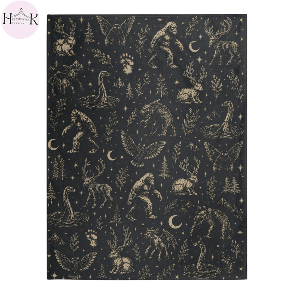 Cryptid Fleece Blanket | Bigfoot Mothman Loch Ness Throw Blanket | Dark Folklore Home Decor | Cozy Cabin Gift