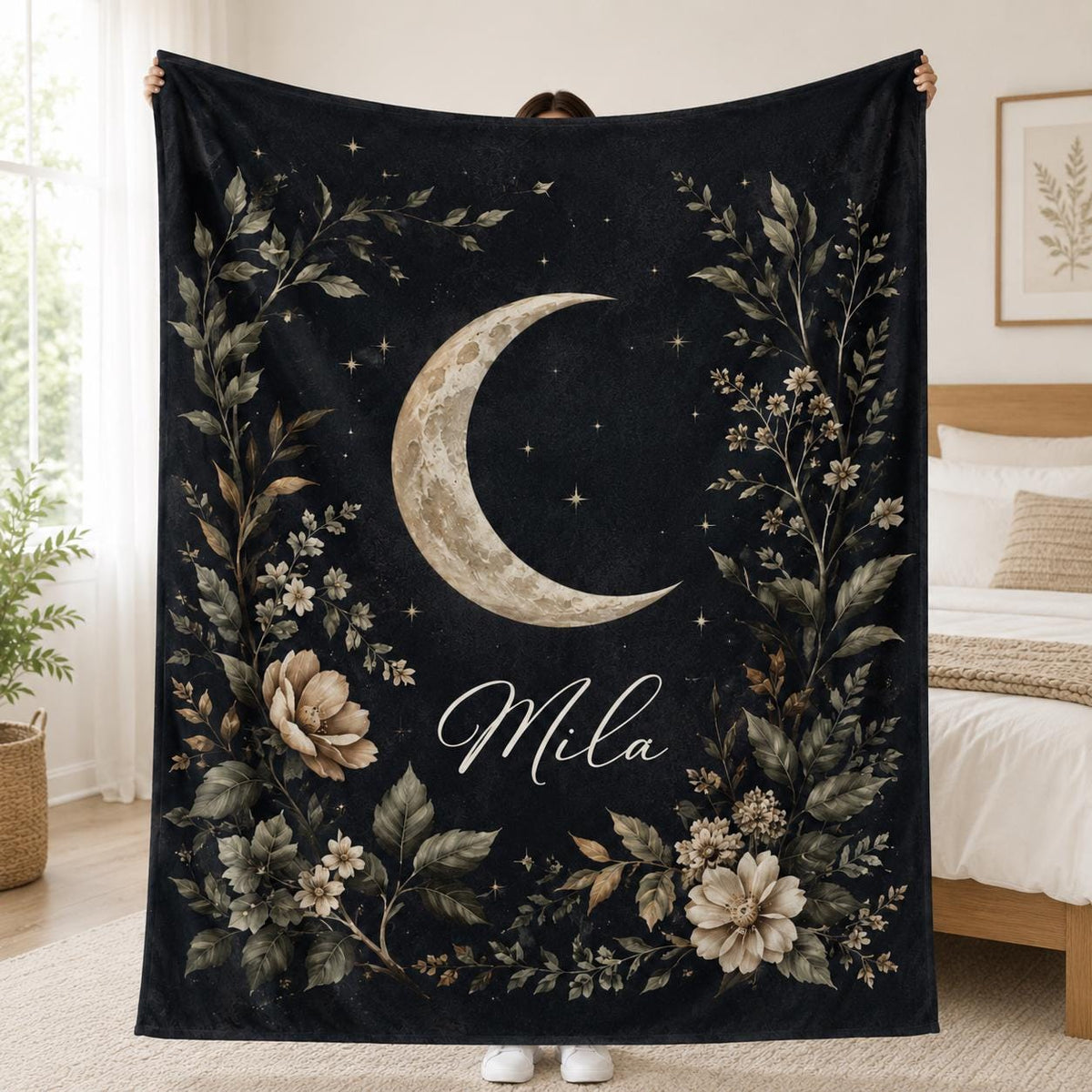 Personalized Moon Name Blanket, Custom Celestial Baby Blanket, Boho Moon Nursery Blanket, Floral Moon Throw Blanket, Gothic Baby Blanket