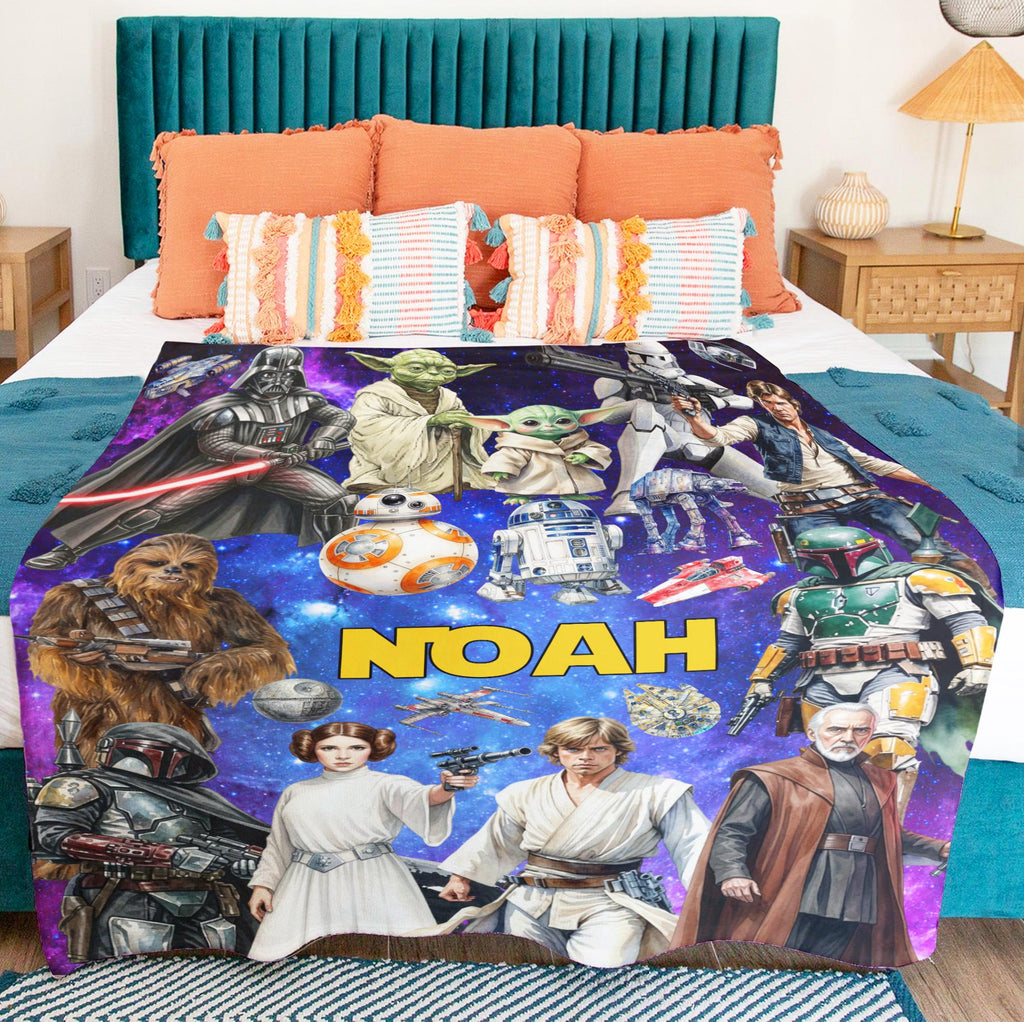 Personalized Disney Star Wars Blanket, Custom Name Star Wars Character Throw Blanket,Grogu Darth Vader Fleece Blanket,Birthday Gift Kids Fan