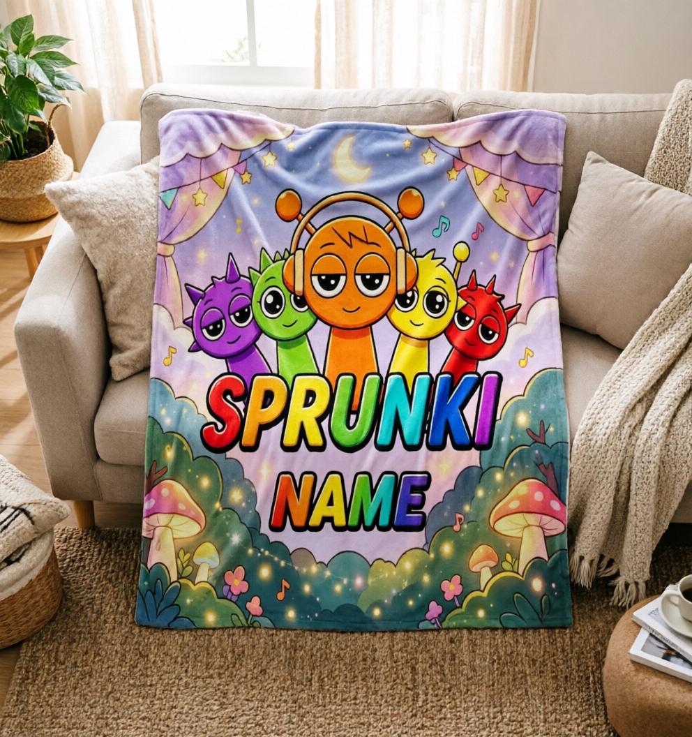 Sprunki Night Blanket Soft Throw, Custom Name Fleece, Gift For Young Game‑Obsessed Kids