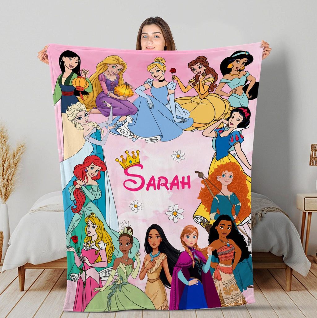 Custom Name Disney Princess Blanket, Personalized Girl Fleece Throw Blanket, Disney Blanket Kids Birthday Gift, Princess Nursery Bedding