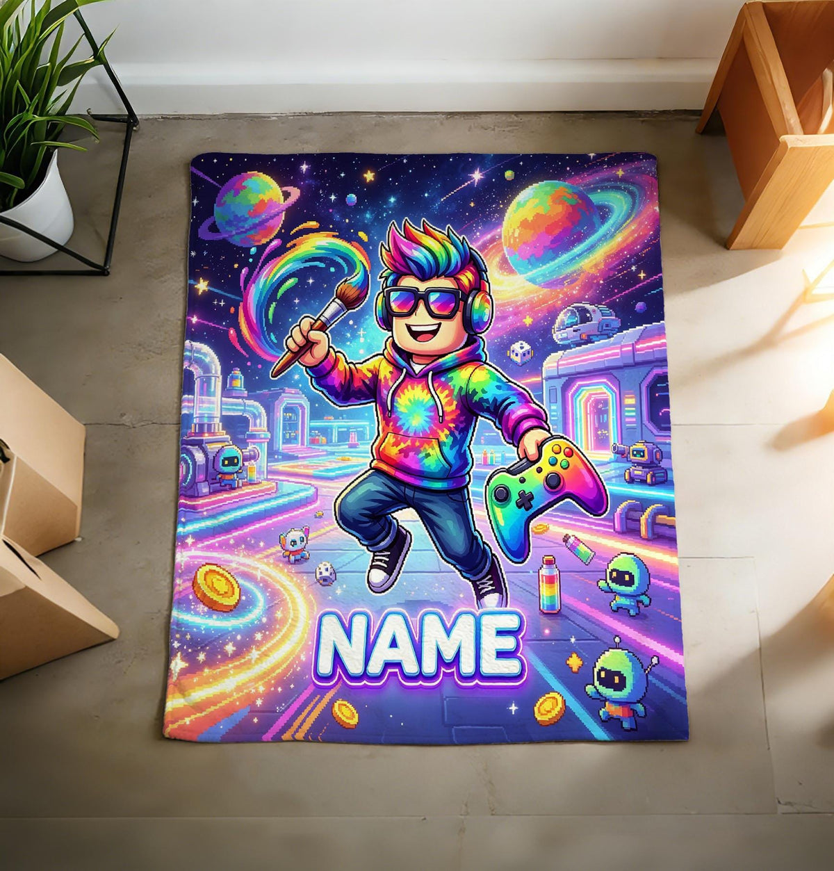 Personalized Space Blanket Soft Throw, Gamer Fleece for Art Boys, Birthday Gift