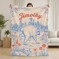 Personalized Jimothy Raccoon Blanket, Custom Name Seattle Skyline Flannel Throw, PNW Wildlife Lover Gifts, Cozy Kids Room & Bedding Decor