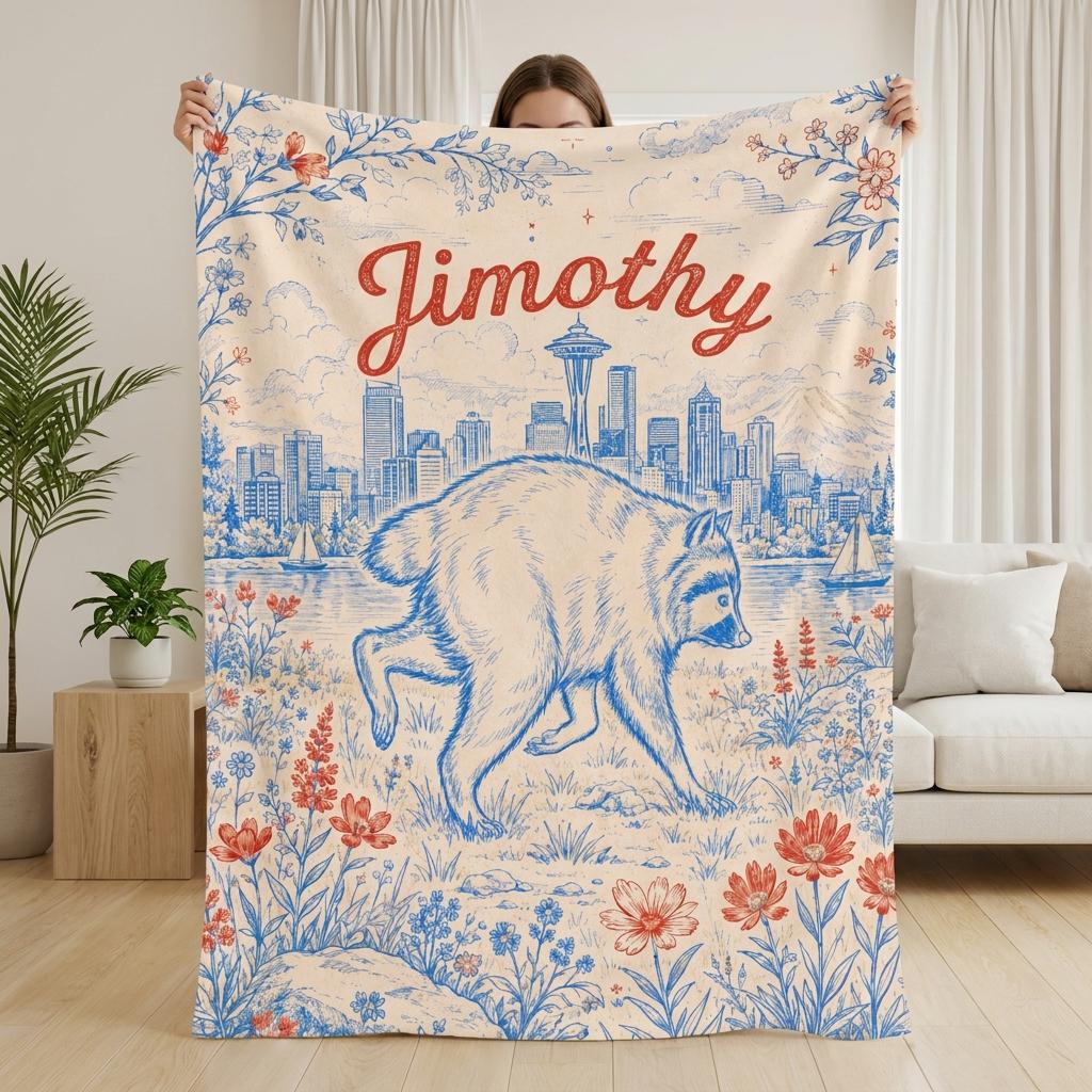 Personalized Jimothy Raccoon Blanket, Custom Name Seattle Skyline Flannel Throw, PNW Wildlife Lover Gifts, Cozy Kids Room & Bedding Decor