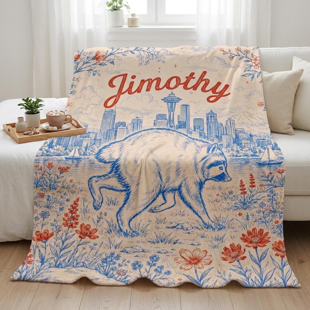 Personalized Jimothy Raccoon Blanket, Custom Name Seattle Skyline Flannel Throw, PNW Wildlife Lover Gifts, Cozy Kids Room & Bedding Decor