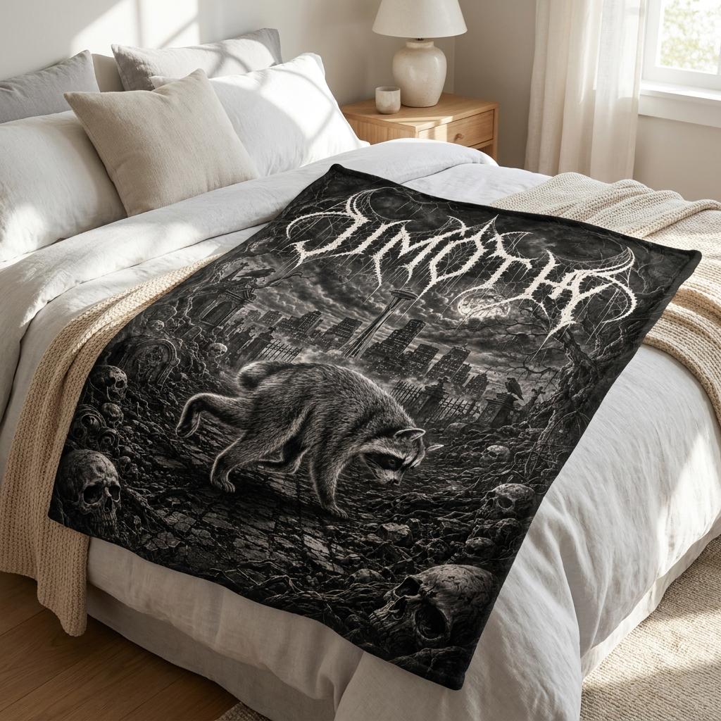 Custom Jimothy Raccoon Blanket, Gothic Black Metal Seattle Skyline Flannel Throw, Spooky Skull Graveyard Decor, Dark Aesthetic Room Gift