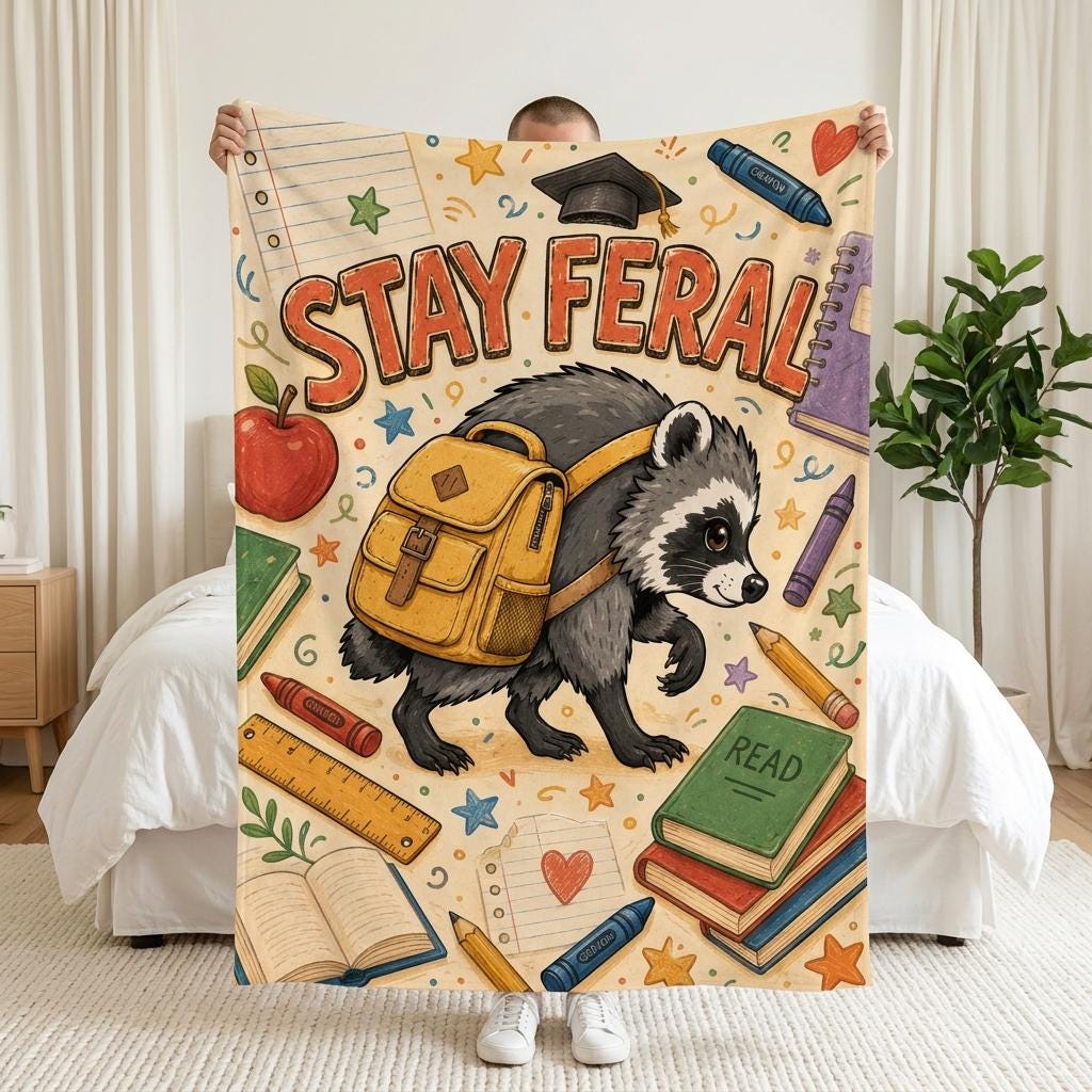Custom Jimothy Raccoon Blanket, Personalized Name Flannel Throw, Stay Feral Back To School Gift, Funny Student Decor For Kids Room