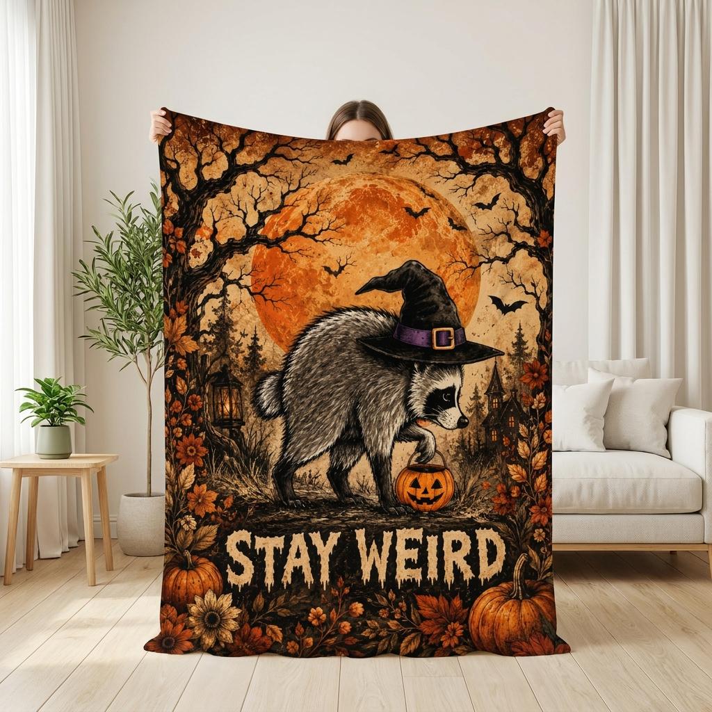 Custom Jimothy Raccoon Blanket, Personalized Name Seattle Raccoon Halloween Throw, Stay Weird Spooky Fall Decor Cozy Flannel Gifts