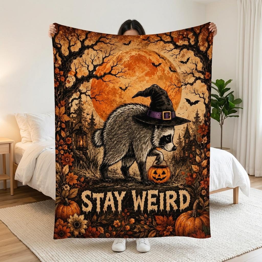 Custom Jimothy Raccoon Blanket, Personalized Name Seattle Raccoon Halloween Throw, Stay Weird Spooky Fall Decor Cozy Flannel Gifts
