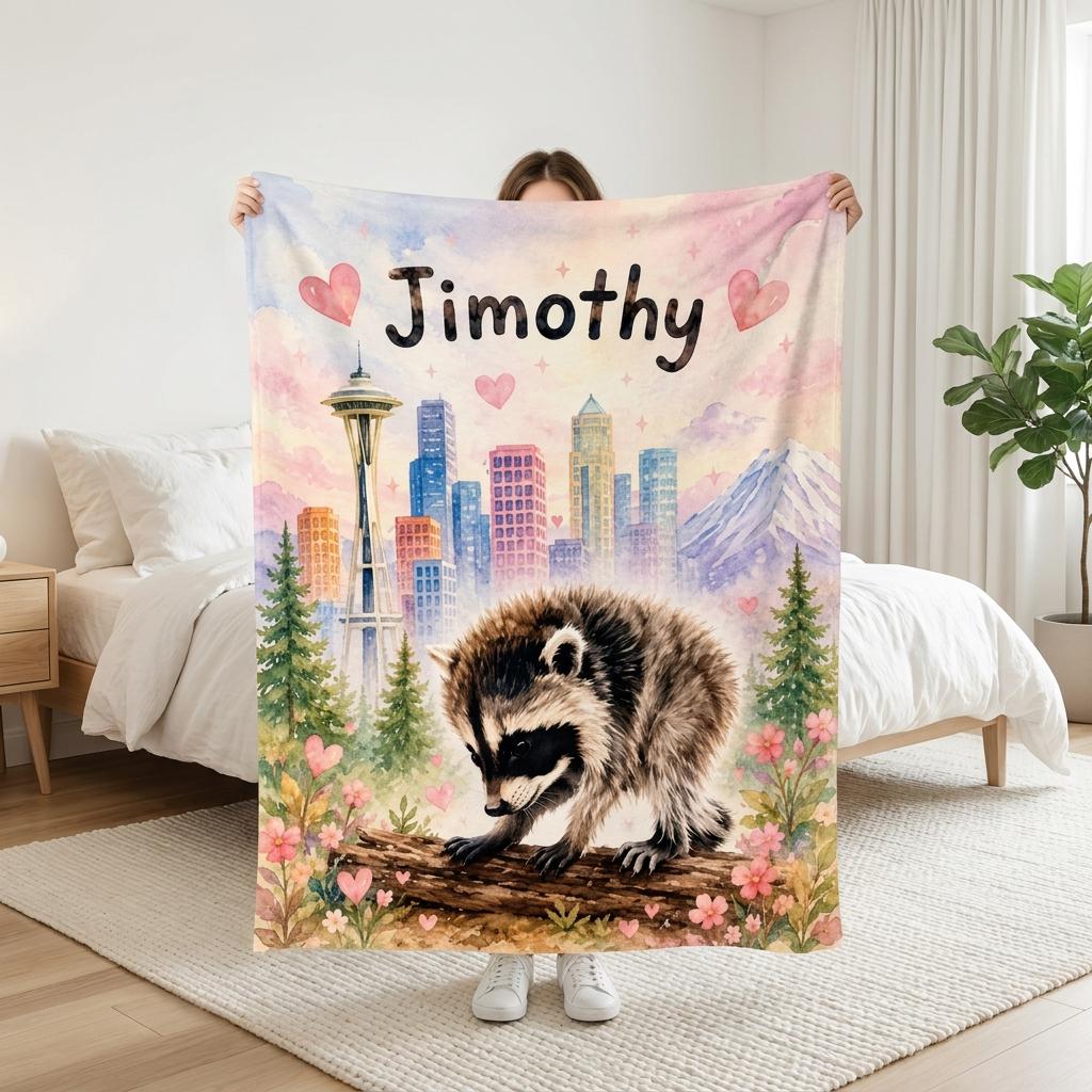 Custom Jimothy Raccoon Blanket Personalized Name Seattle Raccoon Skyline Throw Watercolor Woodland Nursery Decor Cozy Flannel Baby Gift