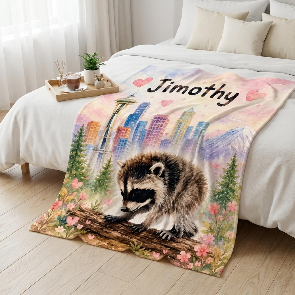 Custom Jimothy Raccoon Blanket Personalized Name Seattle Raccoon Skyline Throw Watercolor Woodland Nursery Decor Cozy Flannel Baby Gift