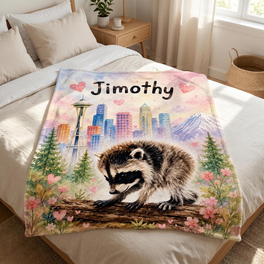 Custom Jimothy Raccoon Blanket Personalized Name Seattle Raccoon Skyline Throw Watercolor Woodland Nursery Decor Cozy Flannel Baby Gift
