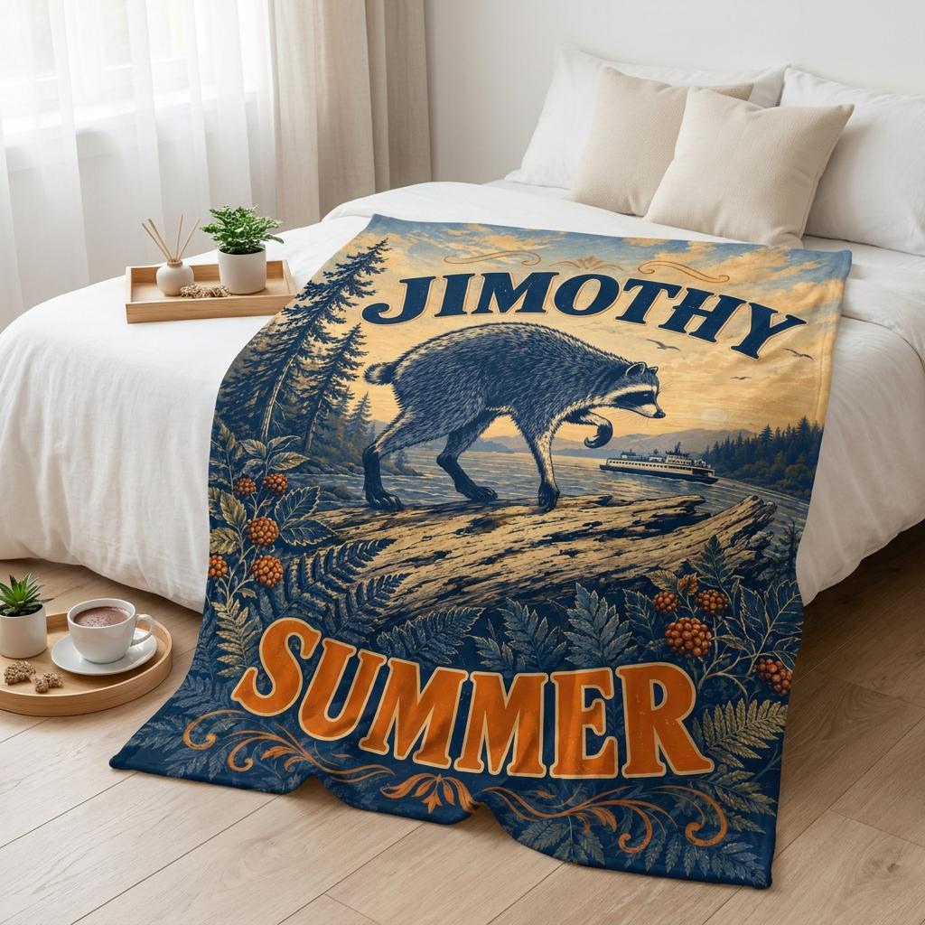 Custom Jimothy Raccoon Blanket Personalized Name Flannel Throw Seattle Wildlife Retro Woodland Decor Unique Camping Gift for Animal Lover