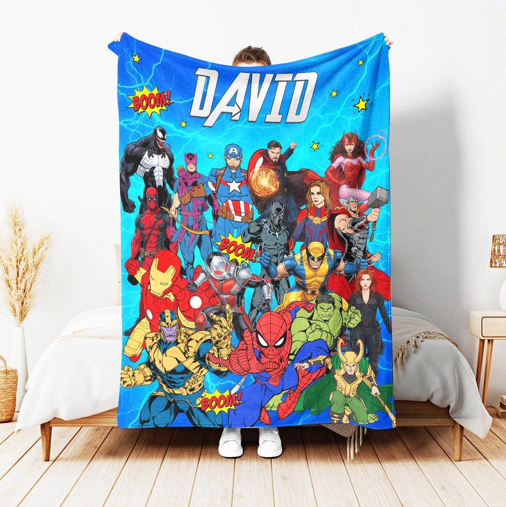 Custom Superhero Blanket, Personalized Comic Book Blanket, Avengers Fan Gift,Kids Birthday Gift,Marvel Avengers Bedroom Decor,Spiderman Hulk