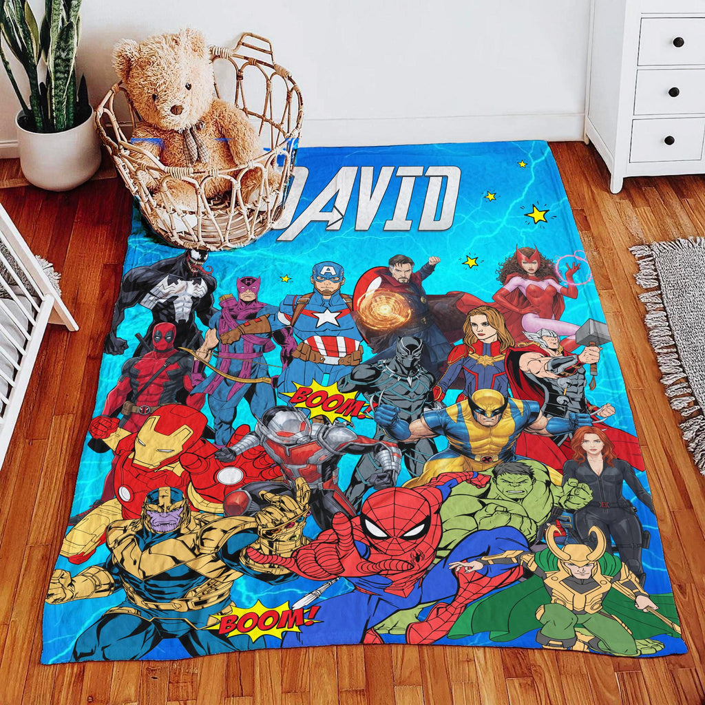 Custom Superhero Blanket, Personalized Comic Book Blanket, Avengers Fan Gift,Kids Birthday Gift,Marvel Avengers Bedroom Decor,Spiderman Hulk