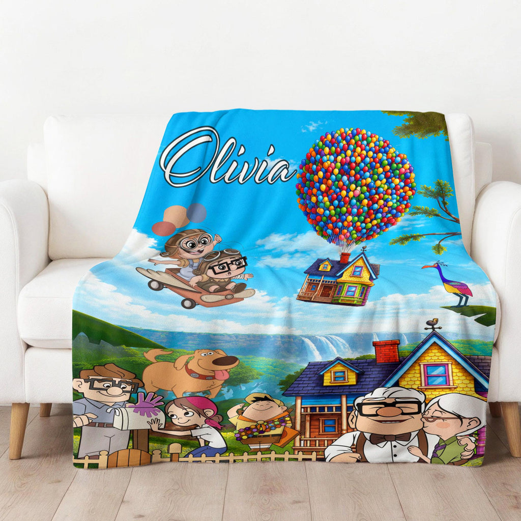 Personalized Disney Pixar Up Movie Blanket, Custom Name Adventure House Balloon Throw Blanket, Carl Ellie Couple Gift Cute Cartoon Fleece