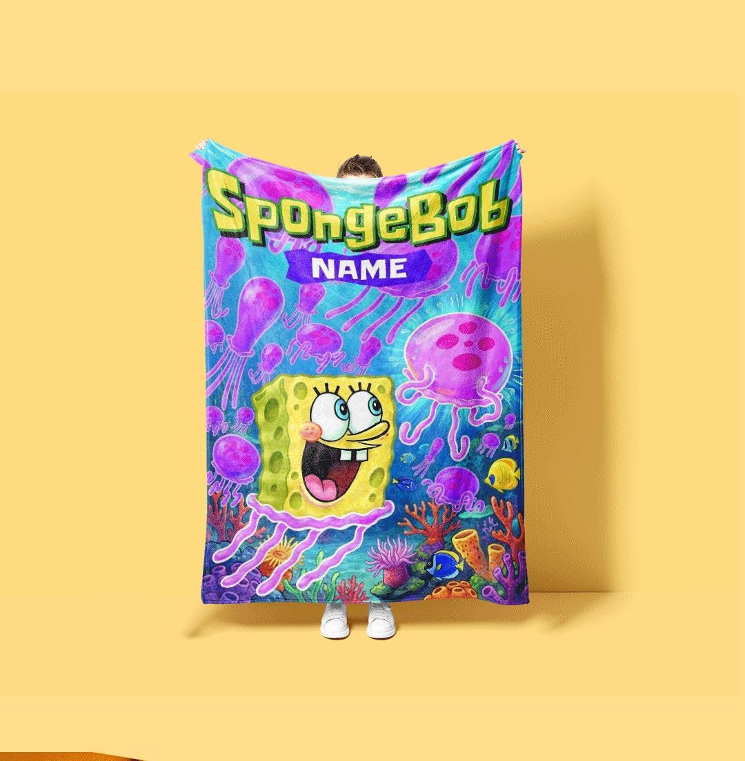 Vibrant Ocean Art SpongeBob SquarePants Custom Name Fleece Blanket Underwater Cartoon Throw Kids Room Decor Fun Jellyfish Boy Gift