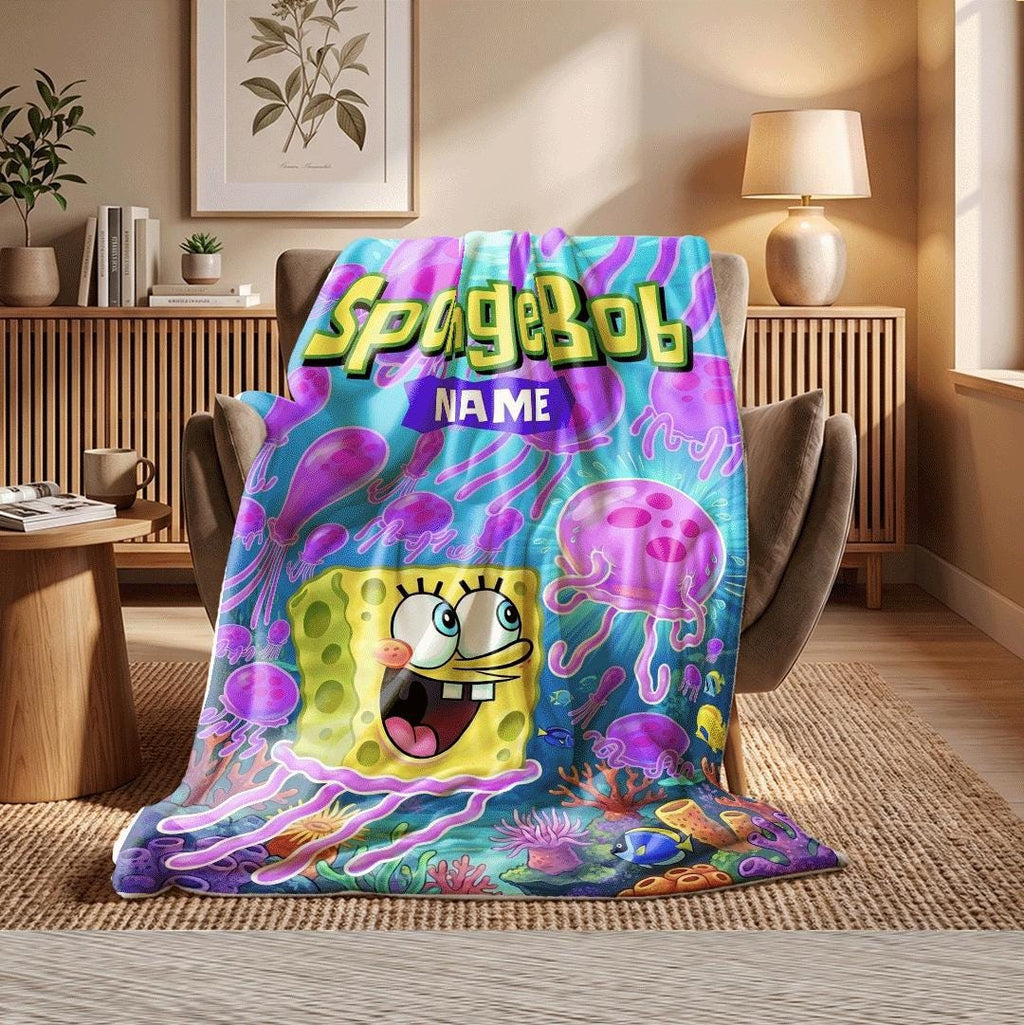Vibrant Ocean Art SpongeBob SquarePants Custom Name Fleece Blanket Underwater Cartoon Throw Kids Room Decor Fun Jellyfish Boy Gift