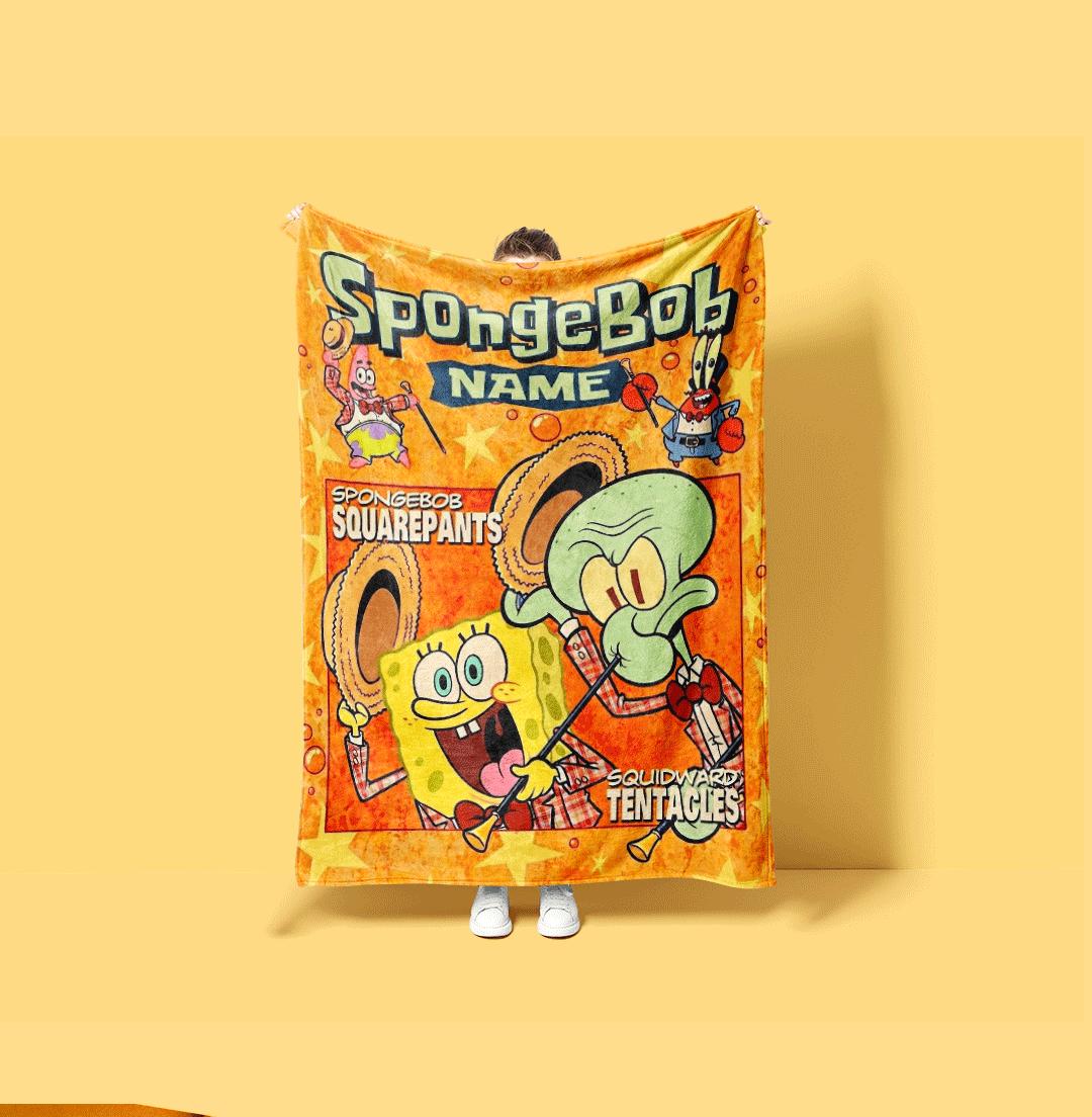 Nostalgic Fan Gift SpongeBob And Squidward Name Throw Vintage Comic Vibe Retro Musical Duo Blanket Orange Star Aesthetic Bedding
