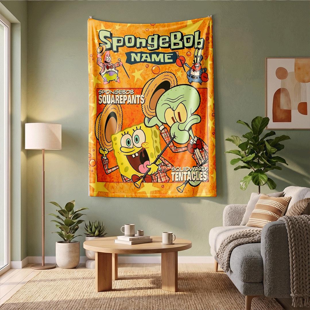Nostalgic Fan Gift SpongeBob And Squidward Name Throw Vintage Comic Vibe Retro Musical Duo Blanket Orange Star Aesthetic Bedding