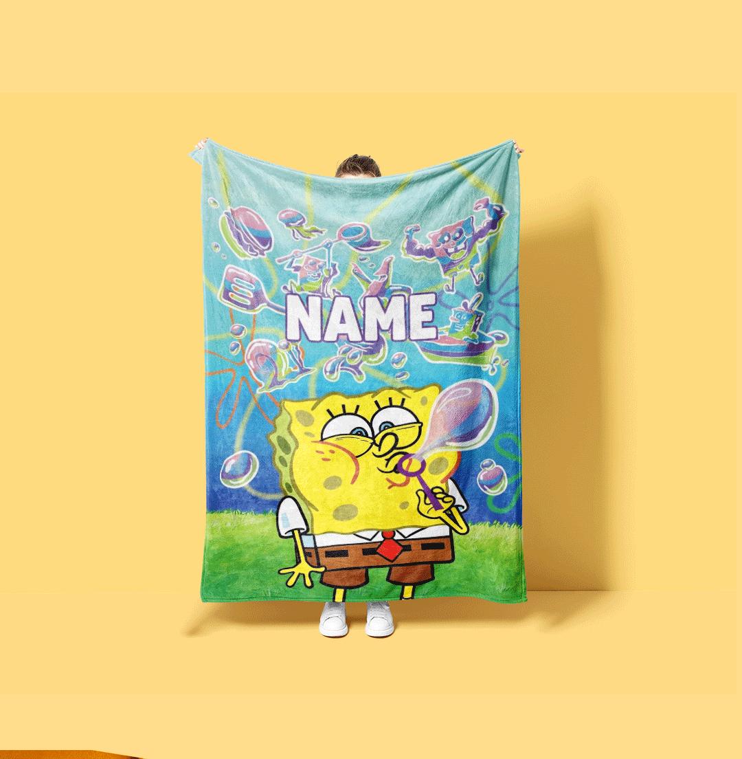 Dreamy Bubble Art SpongeBob SquarePants Personalized Throw Neon Friends Outline Bedding Nostalgic Cartoon Fan Custom Fleece Blanket